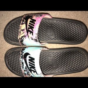 multi colored nike slides